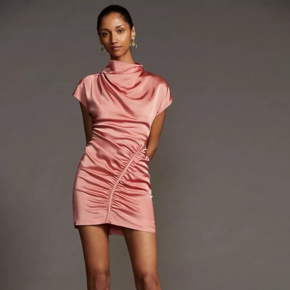 Anthropologie Ruched Asymmetrical Coral High Neck Mini Dress 4